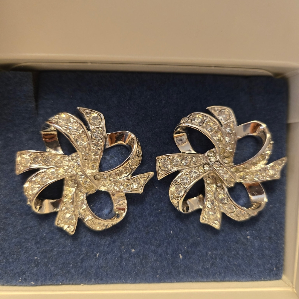 Vintage Kenneth Jay Lane Silver Crystal Ribbon Earrings
